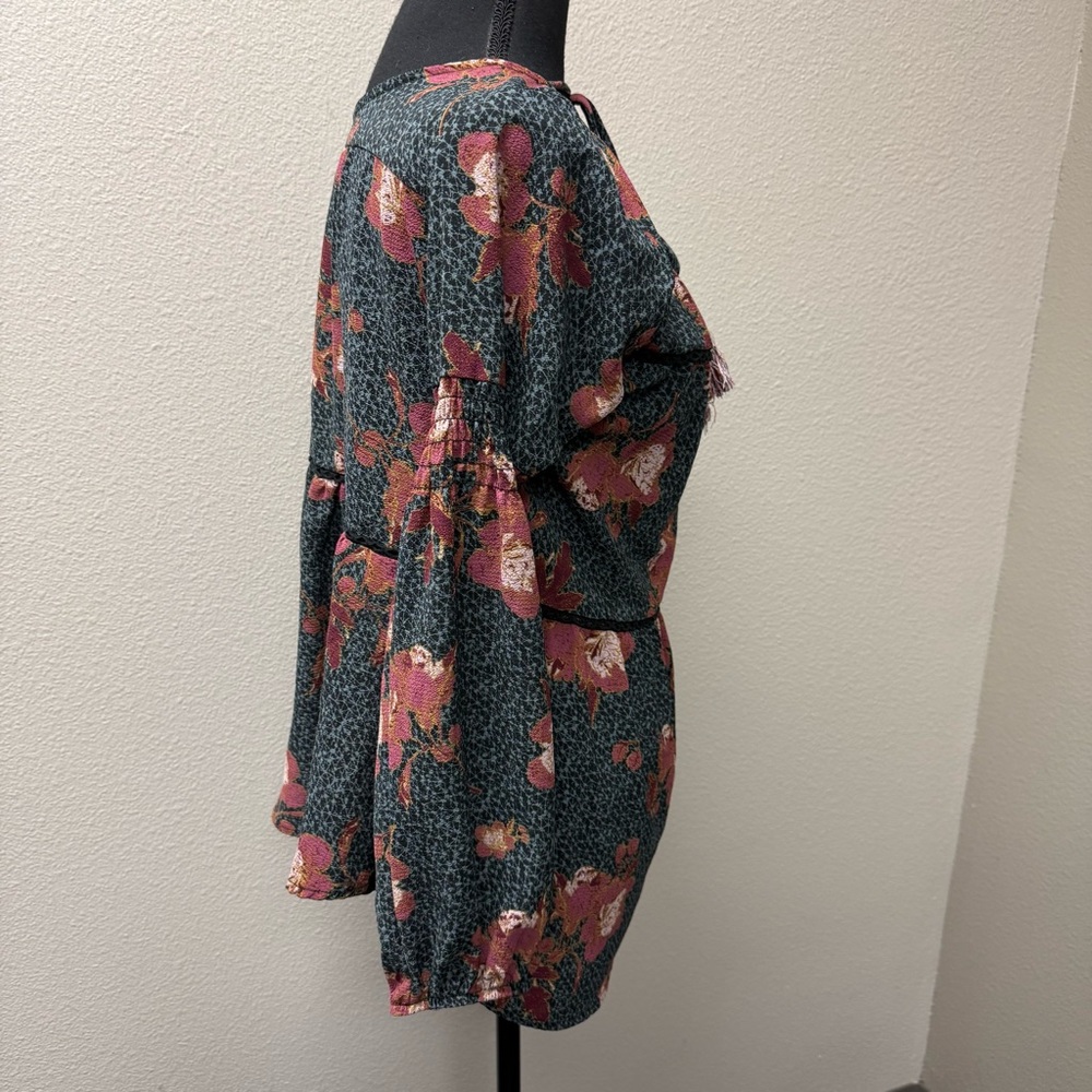 Knox Rose Boho Floral Peasant Blouse Blue Burgundy Medium Tassel - Picture 8 of 11